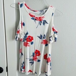 Floral Cold Shoulder Top - White with Red and Blue Accents
